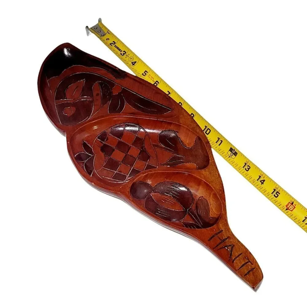 VINTAGE HAITI HAND CARVED WOOD TRAY FISH APPLE‎ TROPICAL LEAF 2 SIDED CARVING